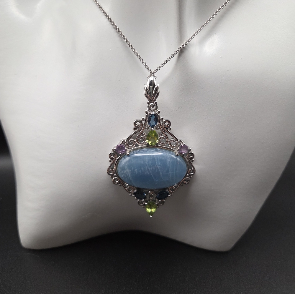 S/S Filigree Pendant Necklace with Blue Center And Multicolor Accent Stones - Picture 2 of 6